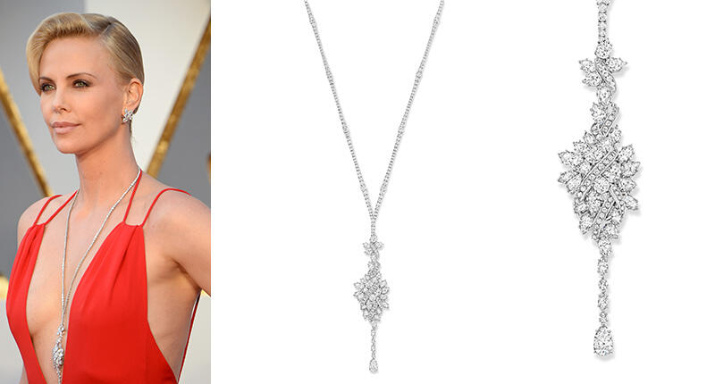 In the category of most Googled red carpet dresses from the Oscars, Charlize Theron, who complemented her plunging red gown with a long platinum Harry Winston necklace set with 48.08 carats of diamonds, came in third. 20160301_Oscars-Charlize-Theron.jpg