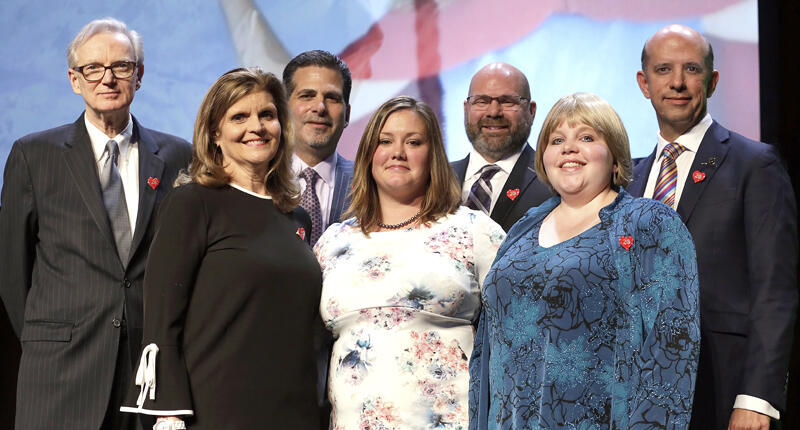 Pictured at the Jewelers for Children Facets of Hope 2018 event are honorees, board members and even organization beneficiaries. Back row, left to right: Joe Thompson, Hodinkee; Jeffrey Cohen, Citizen Watch America; Bill Luth, Signet Jewelers, Ltd.; Seb Hobbs, Signet Jewelers, Ltd. Front row, left to right: Pam Mortensen, JFC Board chair; Pamela Heisler; Abby Richins. 20180612_jfc.jpg