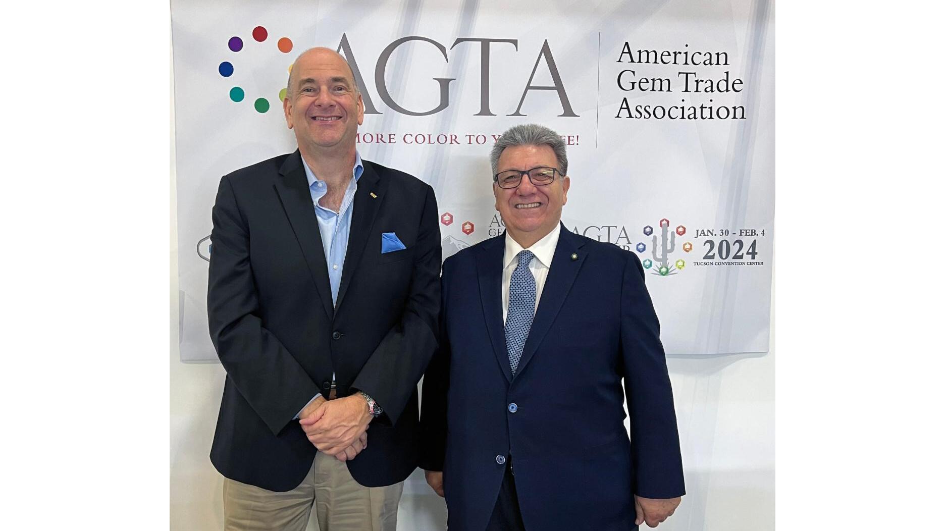 CIBJO President Gaetano Cavalieri and AGTA CEO John W. Ford Sr. at JCK Las Vegas 2023