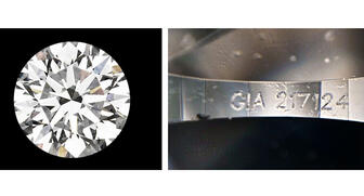 The Gemological Institute of America said that the 1.76-carat diamond pictured at left was submitted with a fraudulent GIA inscription that matches an actual GIA report from 2015 for a natural diamond. The report number has been partially redacted for privacy reasons. (Photos courtesy of GIA/Photo credit: Troy Ardon) 20171114_GIA-inscription.jpg