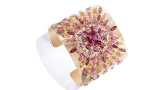 Richemont attributed much of its strong Q3 performance to the positive results reported by its jewelry houses, of which Piaget is one. Pictured here is a cuff from the brand’s “Sunlight Journey” collection released last summer, featuring spinels, pink sapphires, spessartite garnets and diamonds in 18-karat pink gold. 20180112_Piaget.jpg
