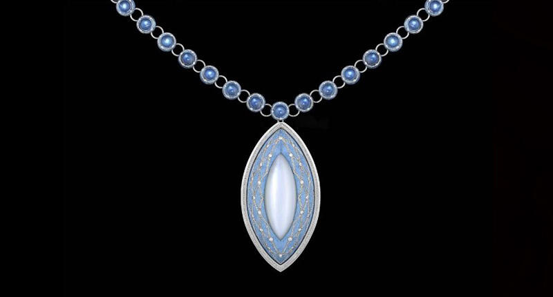 The “Iris” moonstone pendant, centered on a 35.63-carat marquise-cut cat’s eye white moonstone, took 225 hours to complete. 20170706_Iris-2.jpg