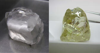 Gem Diamonds uncovered the 114-carat D color, Type II rough diamond on the left at Letšeng while Firestone Diamonds found the 110-carat light yellow rough diamond at right at its Liqhobong project. 20170412_Lesotho-finds.jpg