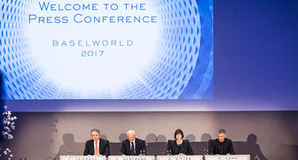 A shot from the Baselworld opening press conference held on Wednesday in the Swiss city. Pictured from left to right are president of the Swiss Exhibitors’ Committee François Thiébaud; Eric Bertrand, president of the Baselworld Exhibitors’ Committee; show Managing Director Sylvie Ritter; and Rene Kamm, CEO of MCH Group. (Courtesy of Baselworld) 20170323_Baselworld-press-conference.jpg