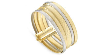 Yellow and white 18-karat gold mix in this bracelet, new to Marco Bicego’s “Masai” collection, inspired by the designer’s trip to East Africa and his admiration for the crafts of the Maasai tribe there ($11,350). 20170406_Two-tone-Masai-bracelet.jpg