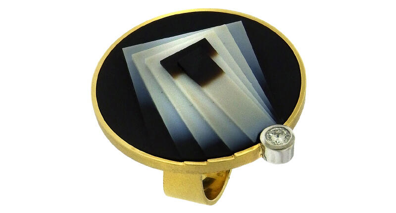 Jutta and Tom Munsteiner of Atelier Munsteiner will be visiting the Aaron Faber Gallery this week, which stocks several of its designs. This ring features a circular black and white agate in a layered geometric design with 0.15 carats of diamonds in 18-karat gold. 20180626_Munsteiner.jpg