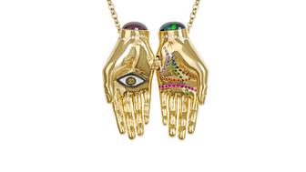 Alexandra Rosier gold and opal Eternal Love Hands necklace