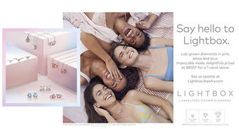 De Beers’ Lightbox lab-grown diamond jewelry is being marketed to consumers as fun fashion jewelry that women can buy for themselves or that can be given as gifts for high school graduations or a Sweet 16. Pictured at left in this Lightbox marketing image is some of the jewelry included in the initial collection. 2018_Lightbox-marketing-image.jpg