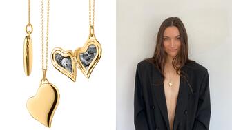 Monica Rich Kosann Slim Heart Locket in gold and Jacquelyn Jablonski
