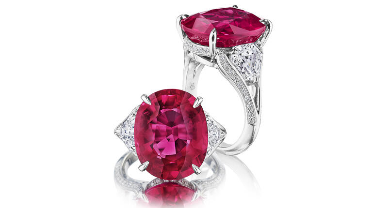 The Bureau of Economic Analysis reported that American consumer spending on jewelry and watches was up 7 percent in 2018, continuing a trend over the past few years. Pictured here is a 13.05-carat oval ruby ring accented with diamonds and set in platinum from Jeff Bilgore. 20190411_Jeff-Bilgore.jpg