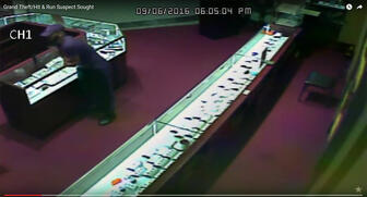 A screen shot from the surveillance video capturing the grab-and-run robbery last week at Mirage Diamonds & Fine Jewelry, as posted on the YouTube account of the Hillsborough County Sheriff’s Office. The suspect remains at large. 20160913_grab-suspect.jpg