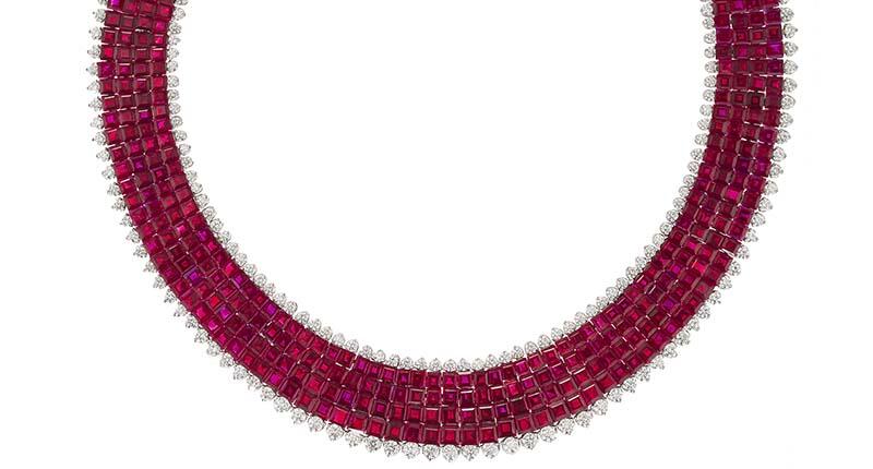 This invisibly set ruby necklace with diamonds took Oscar Heyman more than a year to make and features more than 200 carats of rubies, all cut by the jewelry company’s lapidaries. It was one of three Oscar Heyman pieces recently featured on “CBS Sunday Morning;” a full picture is below. 20190213_rubies_header.jpg