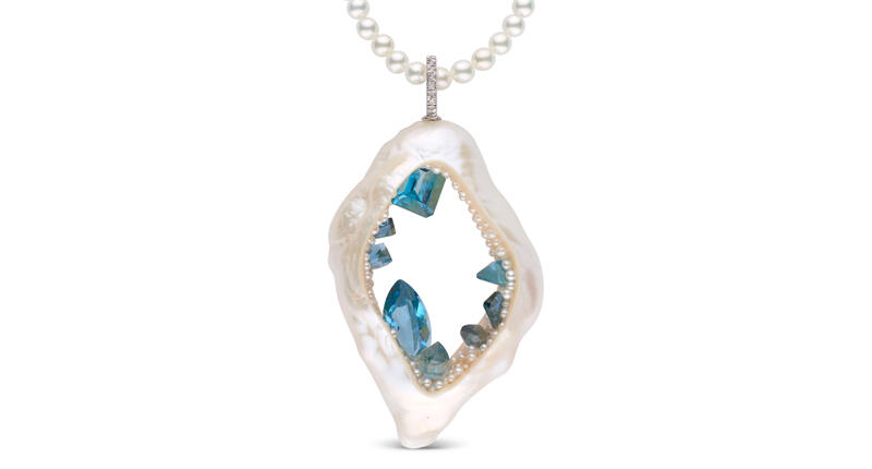 Little h’s 14-karat white gold Grotto pendant with blue topaz and seed pearls embedded in a baroque pearl, and diamonds on clasp ($5,940) 20170720_LittleH-3.jpg