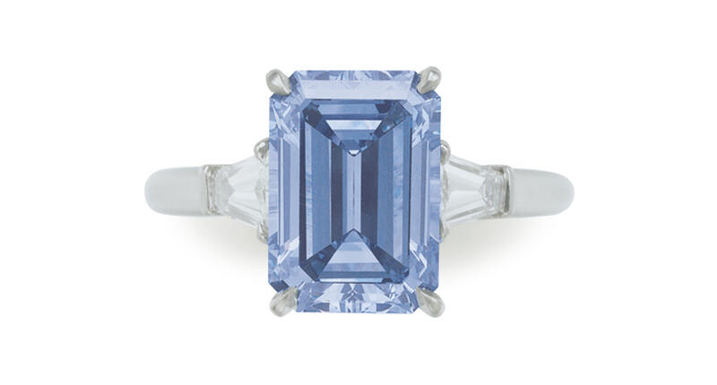 This platinum ring, set with a 3.09-carat rectangular-cut fancy intense blue diamond flanked on either side by a tapered baguette-cut diamond, went for $5.4 million at Christie’s New York on Tuesday. 20180418_Blue-diamond-ring.jpg
