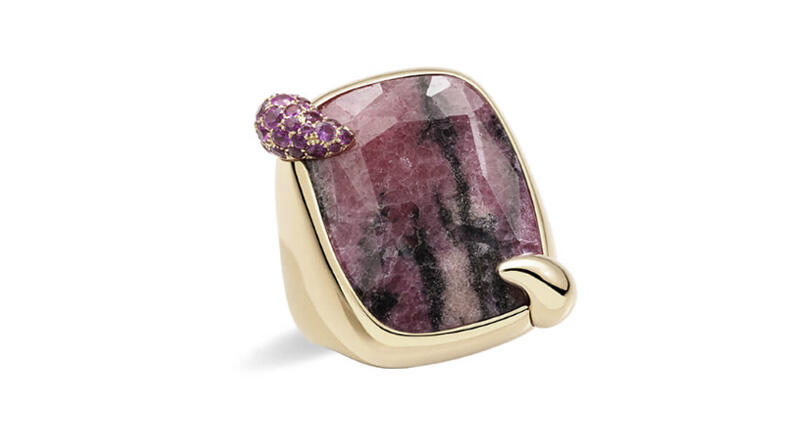 The “Japanese Sunset” ring from Pomellato’s Ritratto collection, featuring rhodonite and pink sapphire accents set in 18-karat rose gold ($11,500). The Milan-based, Kering-owned brand reported double-digit growth in the first half of the year. 20190726_Pomellato_Ring.jpg