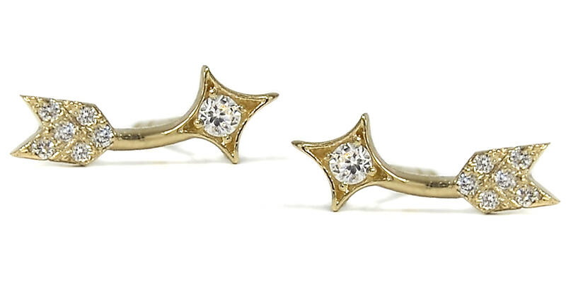 Layering chains, stacking rings, mix-and-match stud earrings and ear crawlers are among the offerings in Jac + Jo, a lower-priced line by Anzie. Pictured here are the “Arrow” ear crawlers in 14-karat yellow gold with white topaz and diamonds ($395). 20190210_Jac_Jo_arrow_earrings.jpg