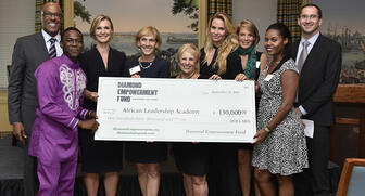 Pictured at the reception marking DEF’s latest donation to the African Leadership Academy are, from left, ALA Executive Director Tim McChristian; Bradley Opere, ALA graduate and current student body president at the University of North Carolina; CNN’s Robyn Curnow; ALA Chair Liz Gips; DEF President Phyllis Bergman, board member Nicola Breytenback, Executive Director Nancy Orem Lyman and program and events associate Raven Carey-James; and Chris Bradley, co-founder and CEO of ALA. 20160928_DEF-photo.jpg