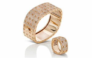 Due to its popularity, Italian designer Roberto Coin has expanded his Pois Moi line, which was introduced last year. Pieces featuring pave diamonds, such as this cuff and ring in 18-karat rose gold, were among the additions. 040214_Basel-jewelry-article.jpg