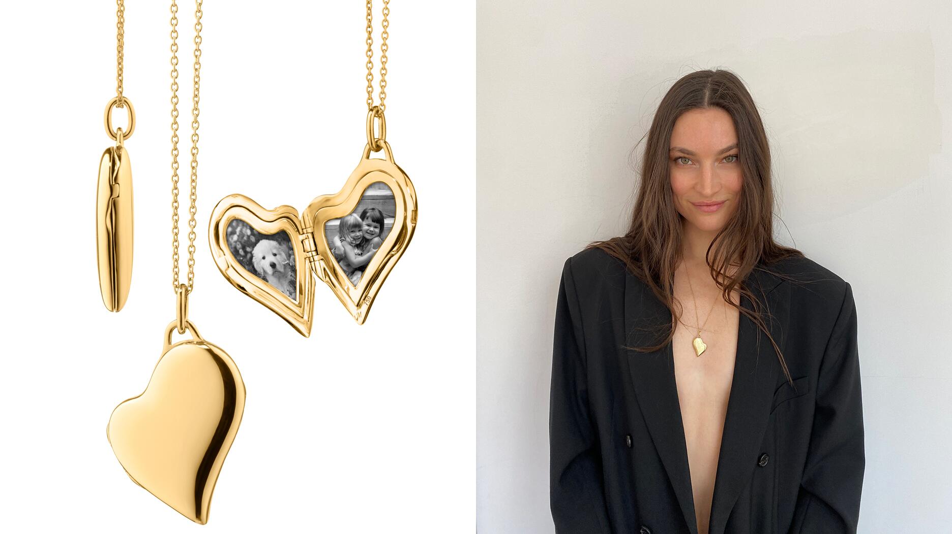 Monica Rich Kosann Slim Heart Locket in gold and Jacquelyn Jablonski