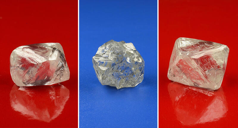 Alrosa found three large gem-quality diamonds at the Jubilee pipe last month. From left to right, they weigh 82.82 carats, 163.11 carats and 108.34 carats. 20171110_Alrosa.jpg