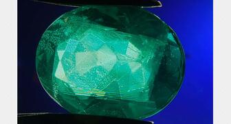 A face-up view of the imitation emerald under cross-polarized light showing the inert reaction of the outer material and interference planes that outline the beryl core (Photomicrograph by Tyler Smith, GIA) 20180823_GIA-Header.jpg