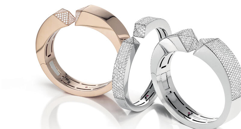 These large, open pyramid cuffs in 18-karat rose and white gold with diamonds are new additions to Roberto Coin’s Sauvage Privé collection, originally launched in 2017. 20180125_RobertoCoin-header.jpg