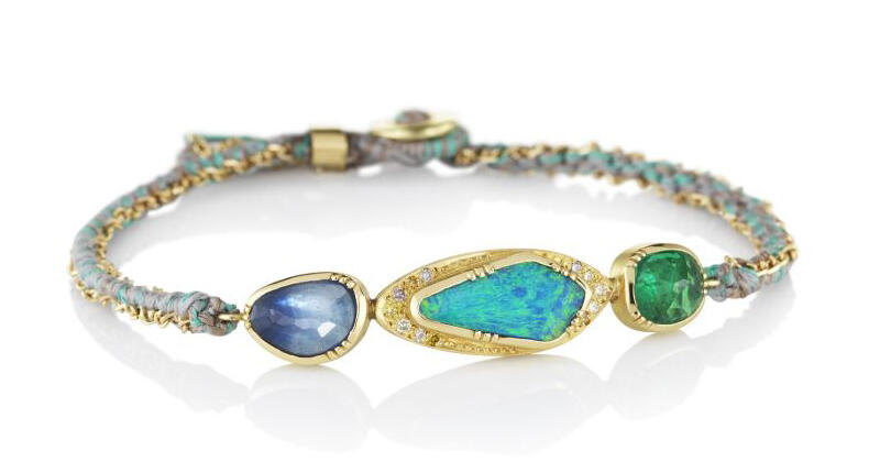 Brooke Gregson has studios in Los Angeles and London. Her eye for interesting gems and color make her a natural addition to JCK Tucson’s roster of designers. This 18-karat gold one-of-a-kind boulder opal bracelet with diamonds, emerald and blue sapphire in 18-karat gold with hand-woven silk and 18-karat gold chain sells for $8,500 at BrookeGregson.com. 20190102_BrookeGregson.jpg