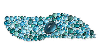 The Carat+ trade show in Antwerp, Belgium is debuting a colored gemstones sector at its May 2018 event. Pictured here is a set of gems from exhibitor Paul Wild, comprised of 99.79 carats of tourmaline cabochons, 104.89 carats of aquamarine cabochons and 62.88 carats of indicolite cabochons. 20180130_Paul-Wild.jpg