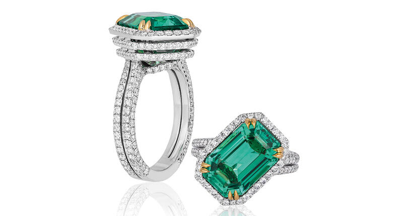 Joseph Ambalu of Amba Gem Corp.’s platinum and 18-karat yellow gold ring featuring a 7.16-carat untreated Russian emerald accented with diamonds won this year’s “Best of Show” honors in the AGTA Spectrum awards. 20180808_Bestof-1.jpg