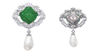 SSEF age-dated the “Ana Maria Pearl,” set as a detachable drop on this carved emerald and diamond brooch with an Audemars Piguet watch on the reverse, which the lab said is a first for a historic natural pearl. 20190514_Ana-Maria-pearl-SSEF.jpg