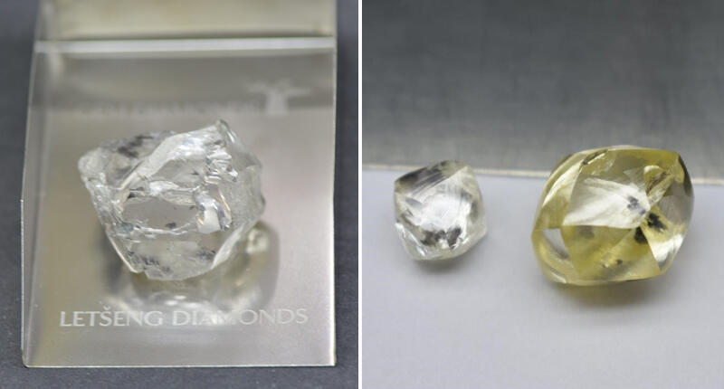 The Kingdom of Lesotho added two more big diamond finds to its roster this month. At left is the 115-carat rough diamond Gem Diamonds recently uncovered and at right are a 6-carat rough diamond and 25-carat rough yellow diamond Lucapa recently found. 20180525_Diamonds.jpg