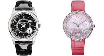 The new men’s 39 mm Calatrava Ref. 6006 powered by the extra-thin Caliber 214 (left) and a women’s high jewelry Calatrava with the same slim movement 20170326_Slim-models.jpg