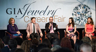 Last year, GIA President and CEO Susan Jacques (far left) moderated the “Job Success in Today’s Market” panel and will do so again this year. (Photo credit: Kevin Schumacher/GIA) 20170926_GIA-CareerFair.jpg