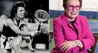 Tennis star Billie Jean King, during her playing days (left) and now 20170804_Billie-Jean-King.jpg