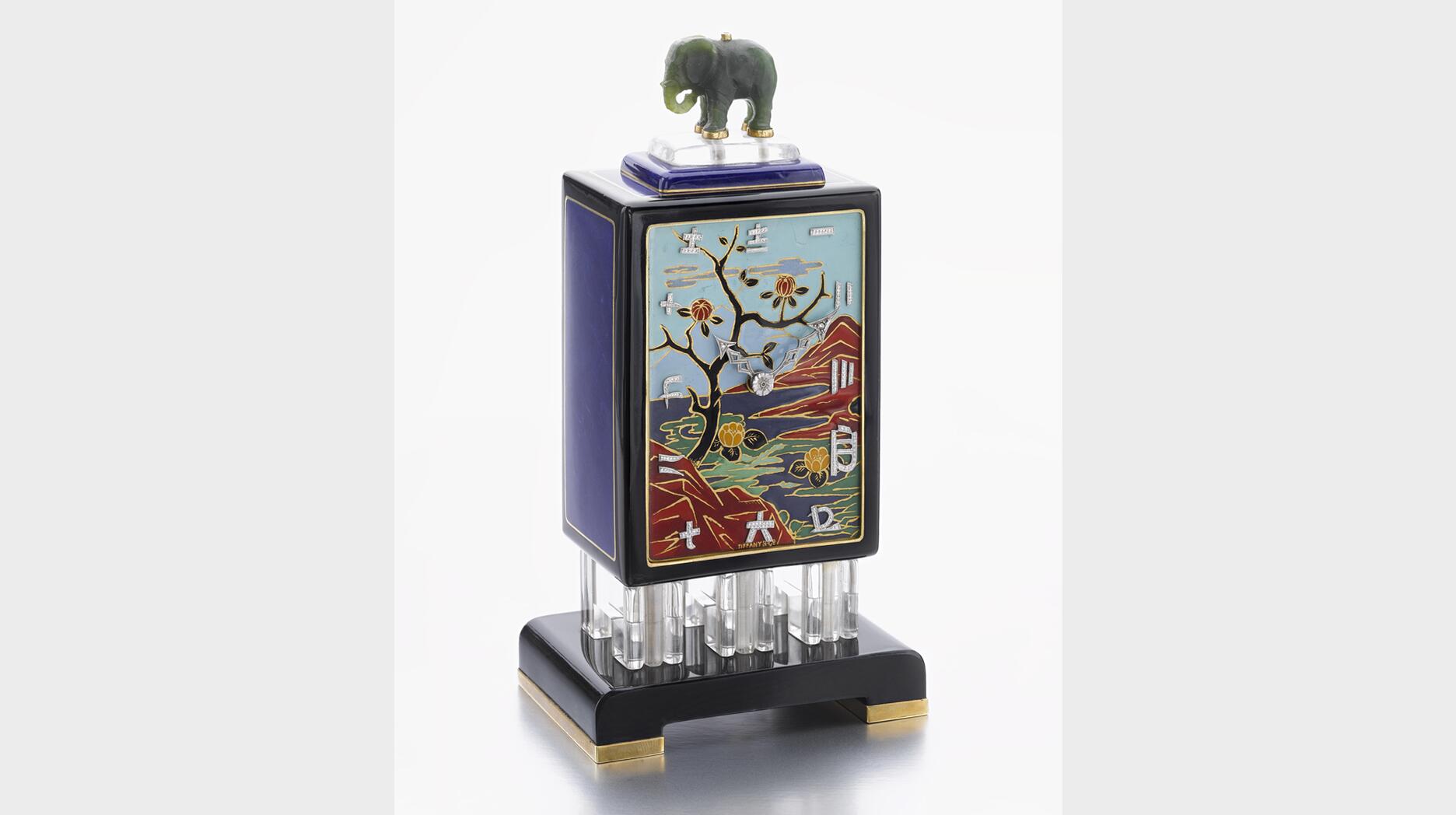Phillips Geneva Tiffany & Co. Art Deco onyx, enamel, rock crystal, jade, and diamond desk timepiece from the 1920s 