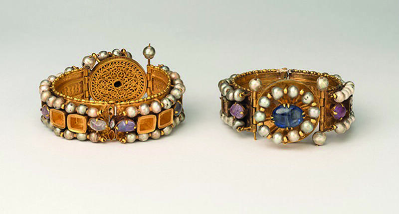 These jeweled bracelets, circa 500 to 700, Byzantium, feature gold, silver, pearls, amethyst, sapphire, glass and quartz, and will be part of the “Jewelry: The Body Transformed” exhibition starting this fall. (Photo credit: The Metropolitan Museum of Art, New York) 20180725_Met-jewelry.jpg