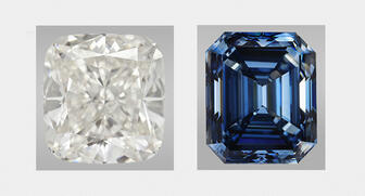 The 5.19-carat diamond on the left and the 10.08-carat blue diamond on the right are both lab-grown stones recently examined by the Gemological Institute of America’s laboratory in Hong Kong. (Photo credit: left picture, Terry Leung and Johnny Leung; right picture, Johnny Leung, both courtesy of GIA) 20161020_lab-grown-blog.jpg