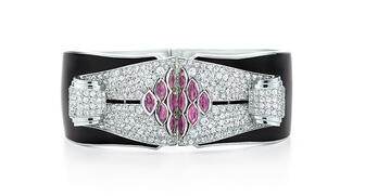 This black enamel and platinum bangle by Fred Leighton is outfitted with a pair of Art Deco-era ruby and onyx dress clips. Multiple jewelers named Art Deco, along with Victorian, as the eras that are most popular among customers buying estate jewelry. 20160512_modern-clip-cuff.jpg