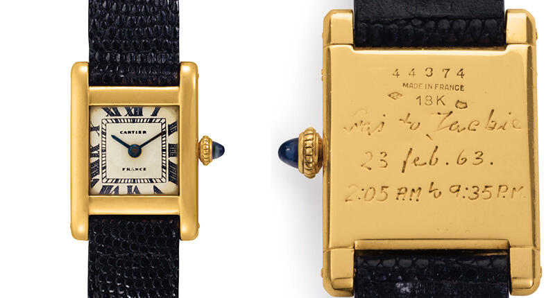 The front and a close-up of the back of the Cartier Tank watch owned by Jacqueline Kennedy Onassis; the engraving on the back reads: “Stas to Jackie 23 Feb. 63 2:05 am to 9:35 pm.” 20170622_Kennedy-tank.jpg