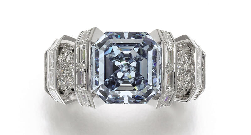 Prices for blue diamonds were up 6 percent year-over-year in the first quarter, data collected by the Fancy Color Research Foundation shows. Pictured here is a really exceptional example of the category: the 8-carat “Sky Blue” diamond, which sold for $17 million at Sotheby’s Geneva in November. 20170427_Sothebys-Blue.jpg