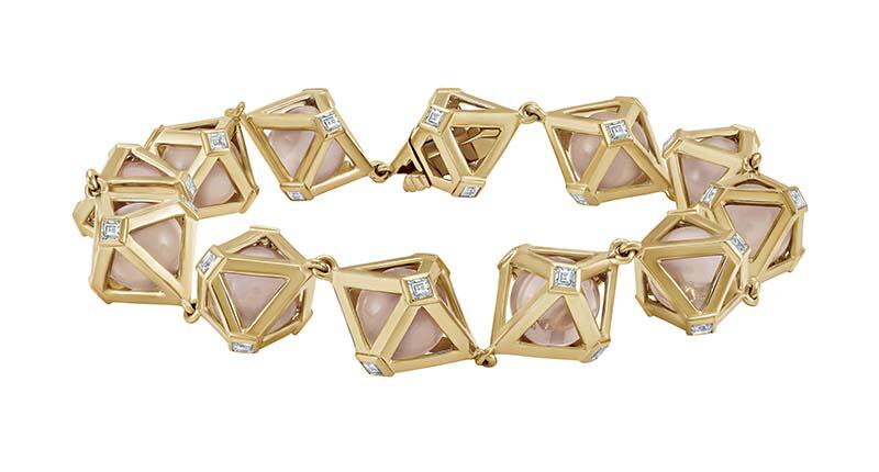 This Atelier Swarovski x Stephen Webster bracelet is made of recyled 14-karat yellow gold, Swarovski-created diamonds and Swarovski-created rose quartz. The highest priced item in the collaboration, it retails for $11,000. 20181211_SW_bracelet.jpg