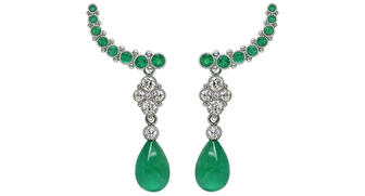 Deirdre Featherstone specializes in convertible jewelry that can be combined interchangeably. These ear climbers feature emerald and platinum “Luna Tops,” diamond “Waitangi Bellies” and emerald enhancers. This combination retails for $16,500. 20170321_Featherstone-earrings.jpg