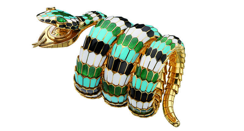 A Bulgari Serpenti bracelet watch, featuring polychrome enamel and emeralds, created in 1967 and displayed at its 2016 “SerpentiForm” exhibit. The brand’s Serpenti collection performed especially well in LVMH’s first half of the year. 20190725_Bulgari_Serpenti.jpg