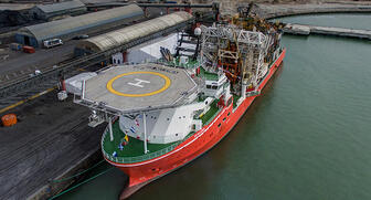 Diamond exploration and sampling vessel the mv SS Nujoma weighs 12,000 tons, is 113 meters (371 feet) long, can accommodate a crew of 80 and has a helicopter landing deck. (Photo credit: Matt Crabb) 20170710_Nujoma.jpg