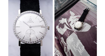 This 18-karat white gold and diamond Omega wristwatch given to Elvis Presley by his recording company in 1961 will hit the auction block this spring. 20180221_Elvis-watch.jpg