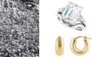 Platinum grain, an on-trend diamond engagement ring, and on-trend gold hoop earrings  