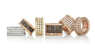 Gold and diamond rings from Roberto Coin’s “Rock & Diamonds” collection, which was introduced earlier this year at Baselworld. Roberto Coin was one of the brands that received multiple mentions as being among stores’ diamond fashion best-sellers. 20160325_Coin_Rock_Diamonds.jpg