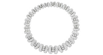 This circa 1930 Chaumet necklace-bracelet combination set with old European, single-cut and baguette diamonds sold for $112,500 at Sotheby’s New York on Wednesday, making it the top jewelry lot of “The Jeweler’s Eye: The Personal Collection of Fred Leighton.” 20180419_FL-Top-Lot.jpg