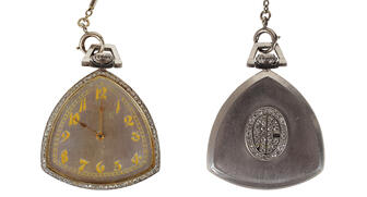 This diamond and platinum pocket watch once owned by infamous gangster Al Capone was the top lot in RR Auction’s “Gangsters, Outlaws and Lawmen” sale, selling for $84,375. 20170619_Capone-wristwatch.jpg