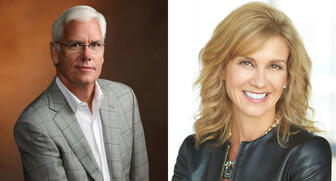 Michelle Gass, right, will take over as CEO of Kohl’s Corp. next spring, succeeding Kevin Mansell, left, who started with the retailer as a divisional merchandise manager in 1982 and became its CEO in 2008. 20170927_Kohls-CEO.jpg